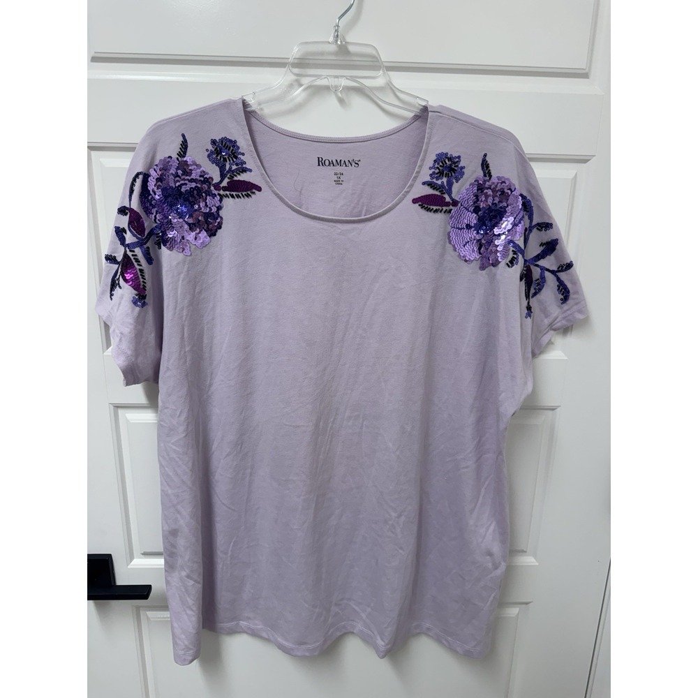 Roaman's Women 1X 22/24 Purple Sequined Floral Short Sleeve Blouse Top
